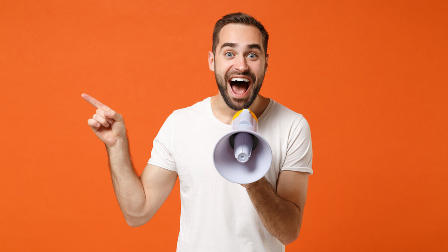 Excited,Young,Man,In,Casual,White,T-shirt,Posing,Isolated,On