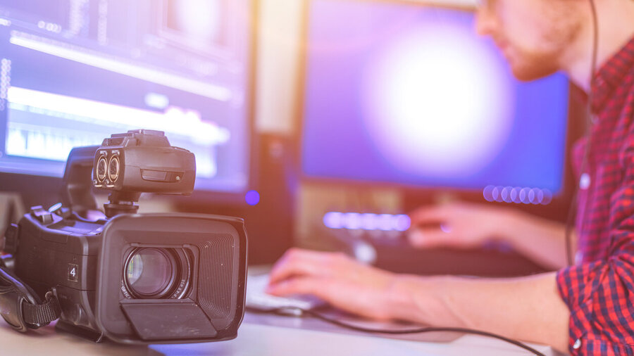 Professional cutting room for video editing and video producing: Monitors, camera and sound mixing Professional cutting room for video editing and video producing: Monitors, camera and sound mixing