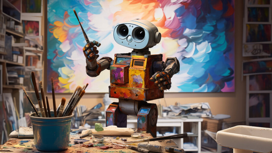 Creative assistant AI bot at work, holding a paintbrush and painting in the artist studio, Artificial Intelligence tech and creativity concept. Generative AI.