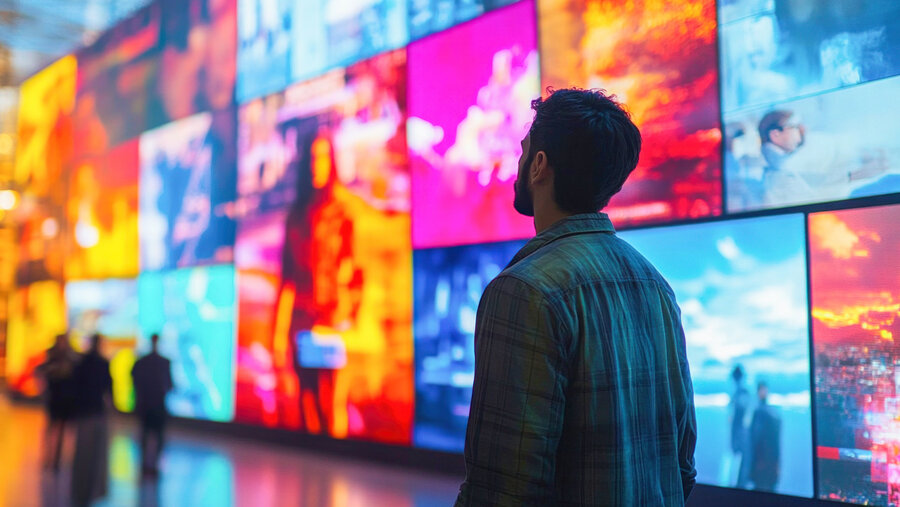 Creative man watching video wall showing colorful abstract and city images